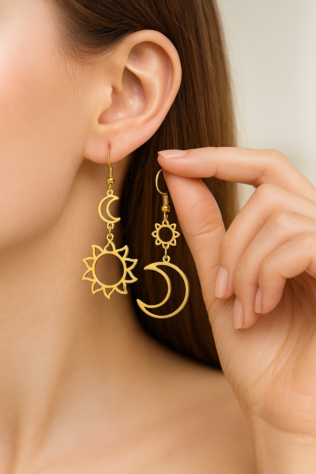Boucles d’oreilles soleil lune dorées asymétriques pendantes sur oreille