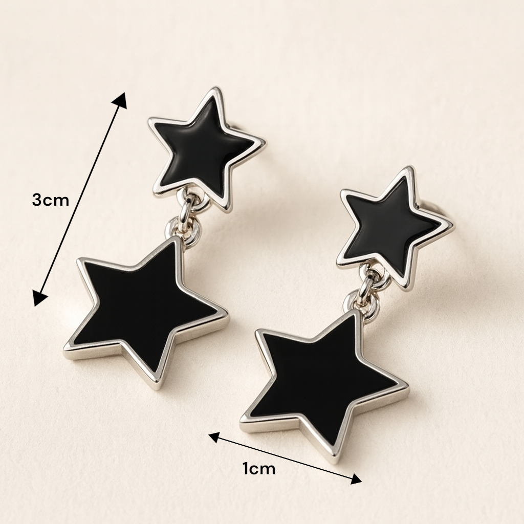 Boucles d'oreilles pendantes double étoile noires pour look moderne chic femme