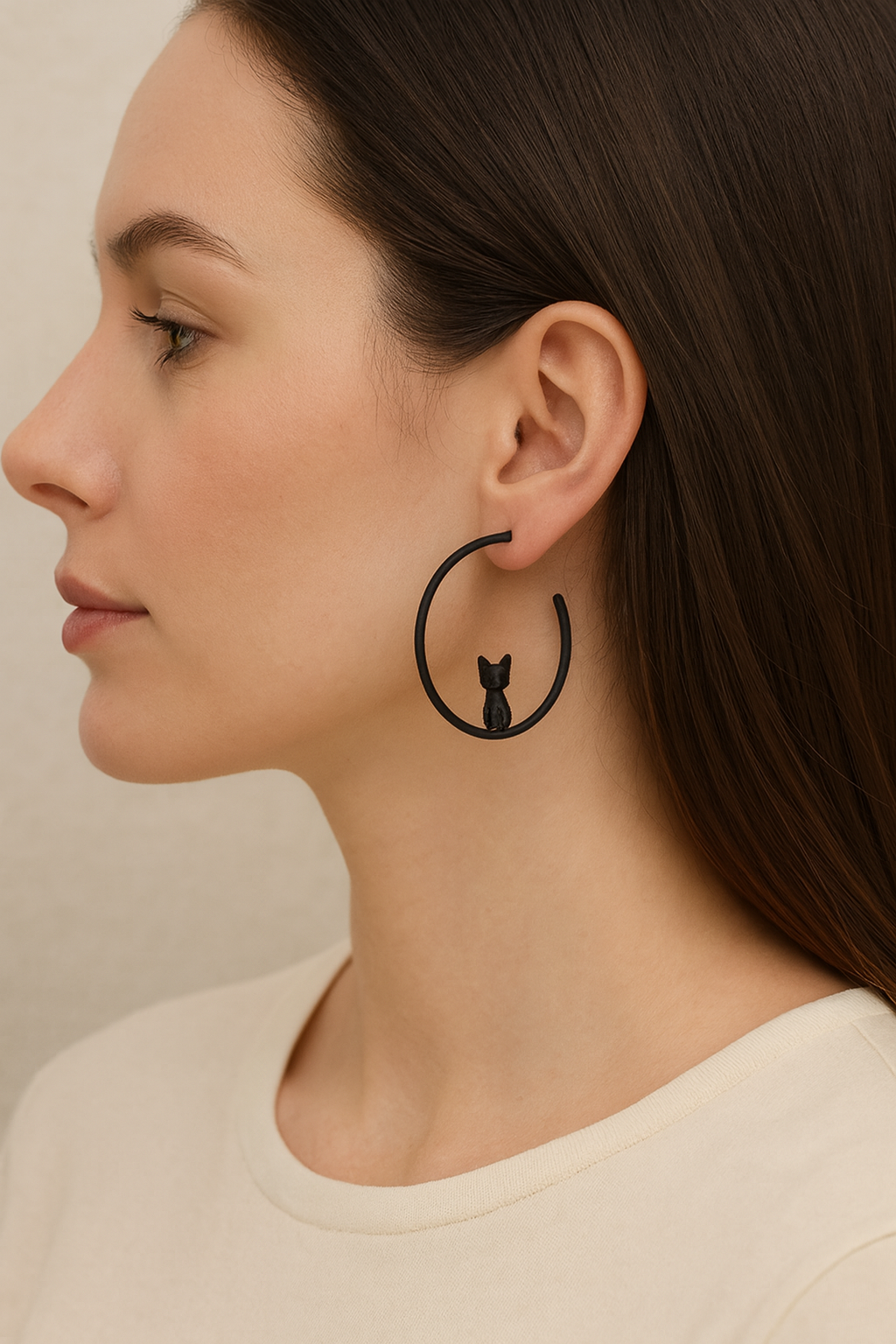 Boucles d’oreilles créoles chat noir 5 cm noires, grandes créoles femme