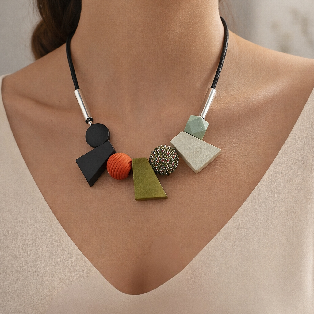 Collier géométrique en bois multicolore femme sur cordon noir réglable