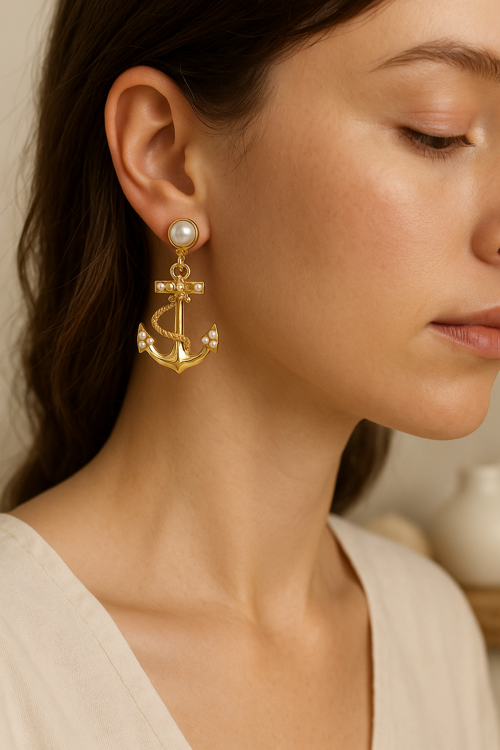 Boucles d'oreilles ancre marine dorées perles portées sur l'oreille