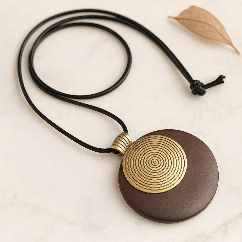 Détail pendentif rond en bois avec spirale dorée graphique