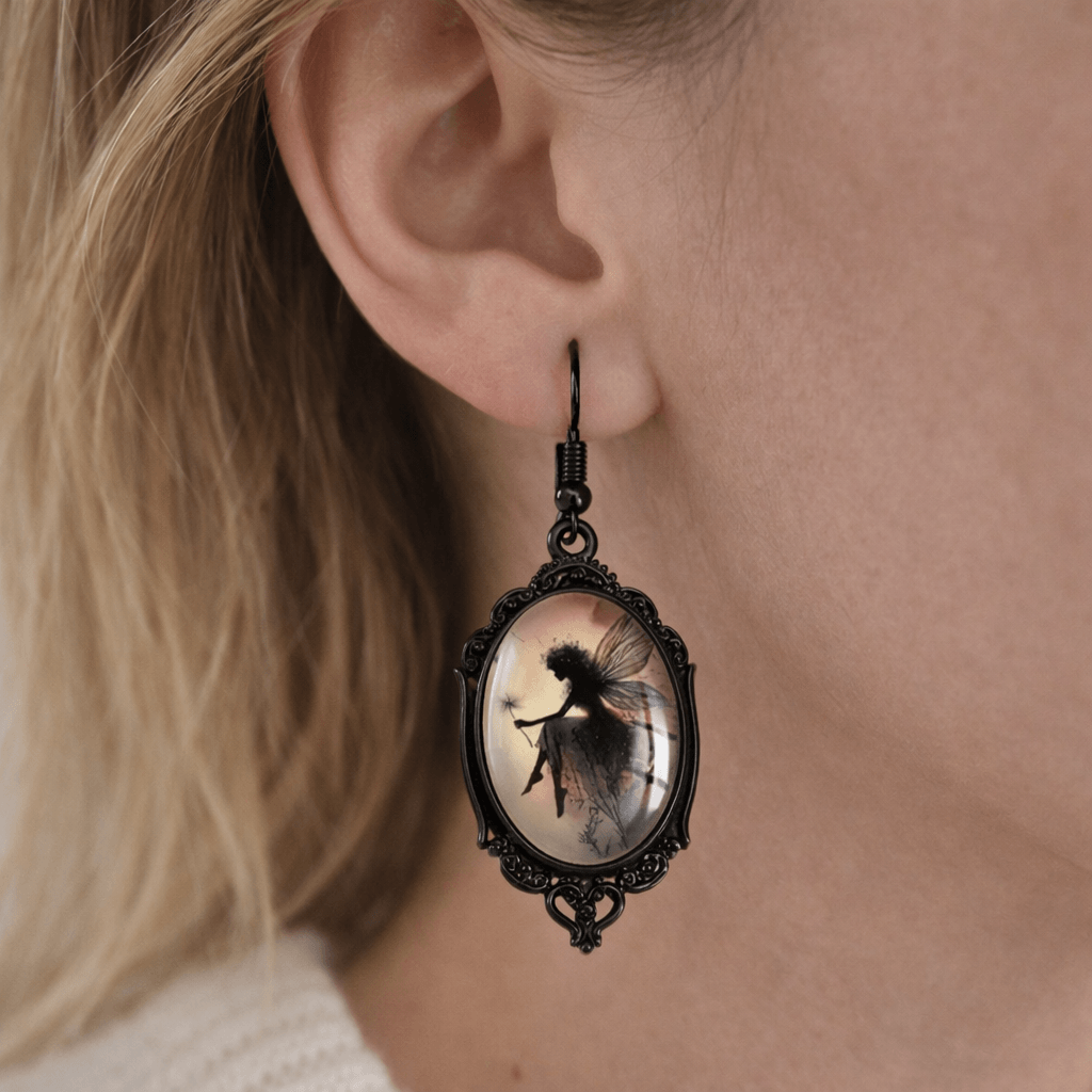 Boucles d oreilles camée fée noire pendantes vintage sous cabochon