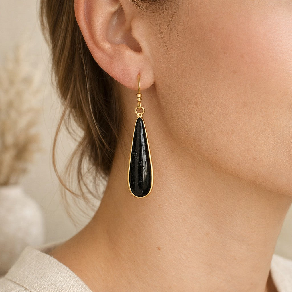 Boucles d’oreilles goutte noire doré pendantes minimalistes 5 cm
