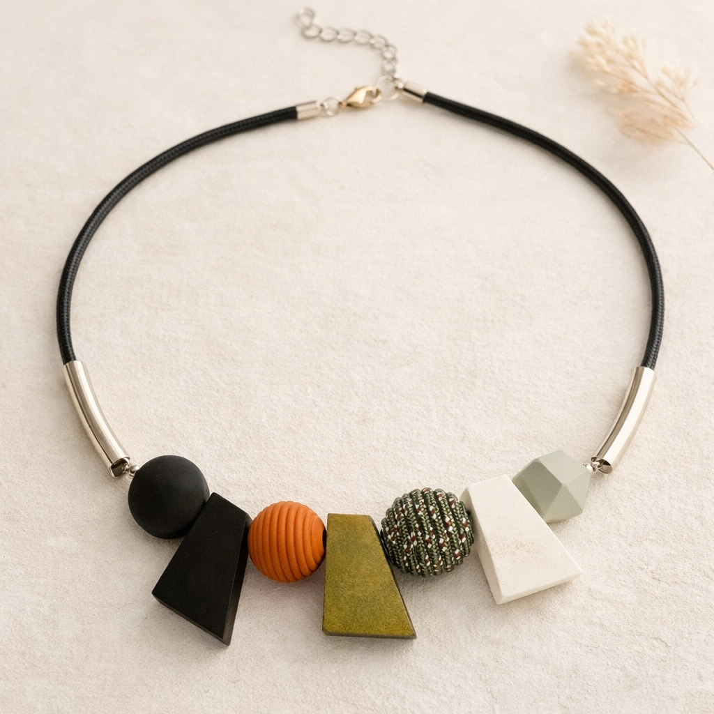 Détails des perles et formes géométriques noir vert écru et orange du collier