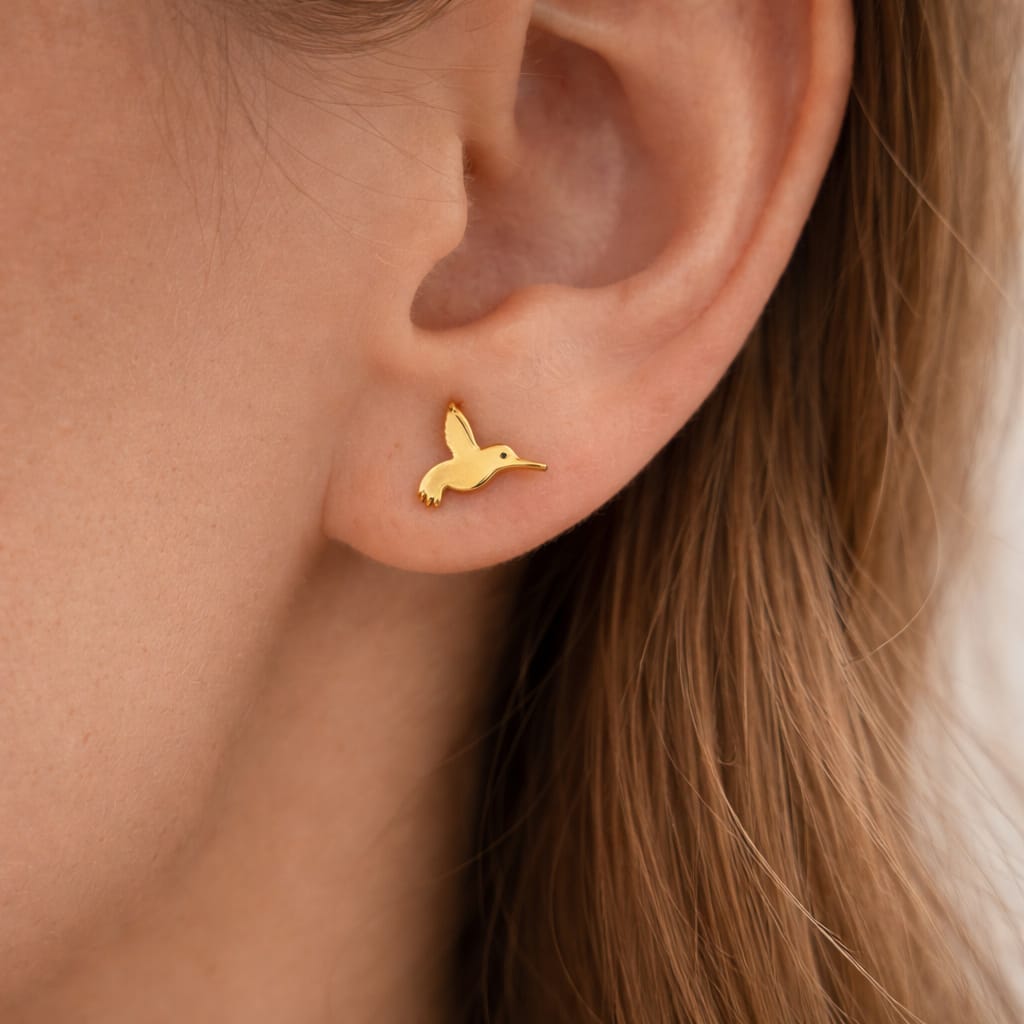 Boucles d’oreilles colibri dorées femme en acier inoxydable, clous minimalistes 8x7 mm