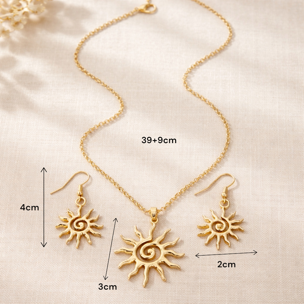 Parure soleil dorée portée avec tenue bohème chic pour soirée ou été