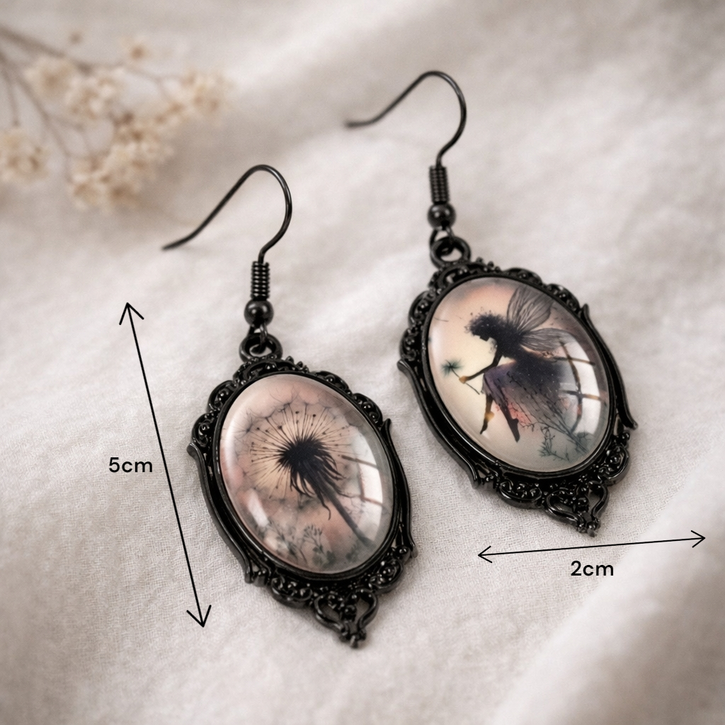 Boucles d oreilles camée fée noire portées avec tenue gothique romantique