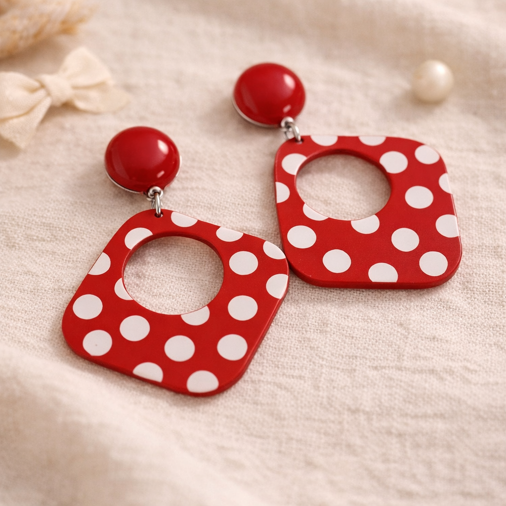 Détail boucle d’oreille géométrique ajourée rouge brillante à pois blancs