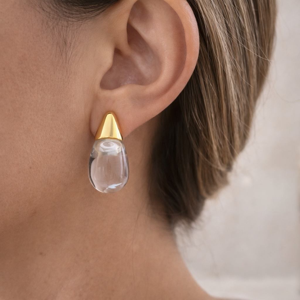 Boucles d'oreilles goutte perle transparente avec clou doré