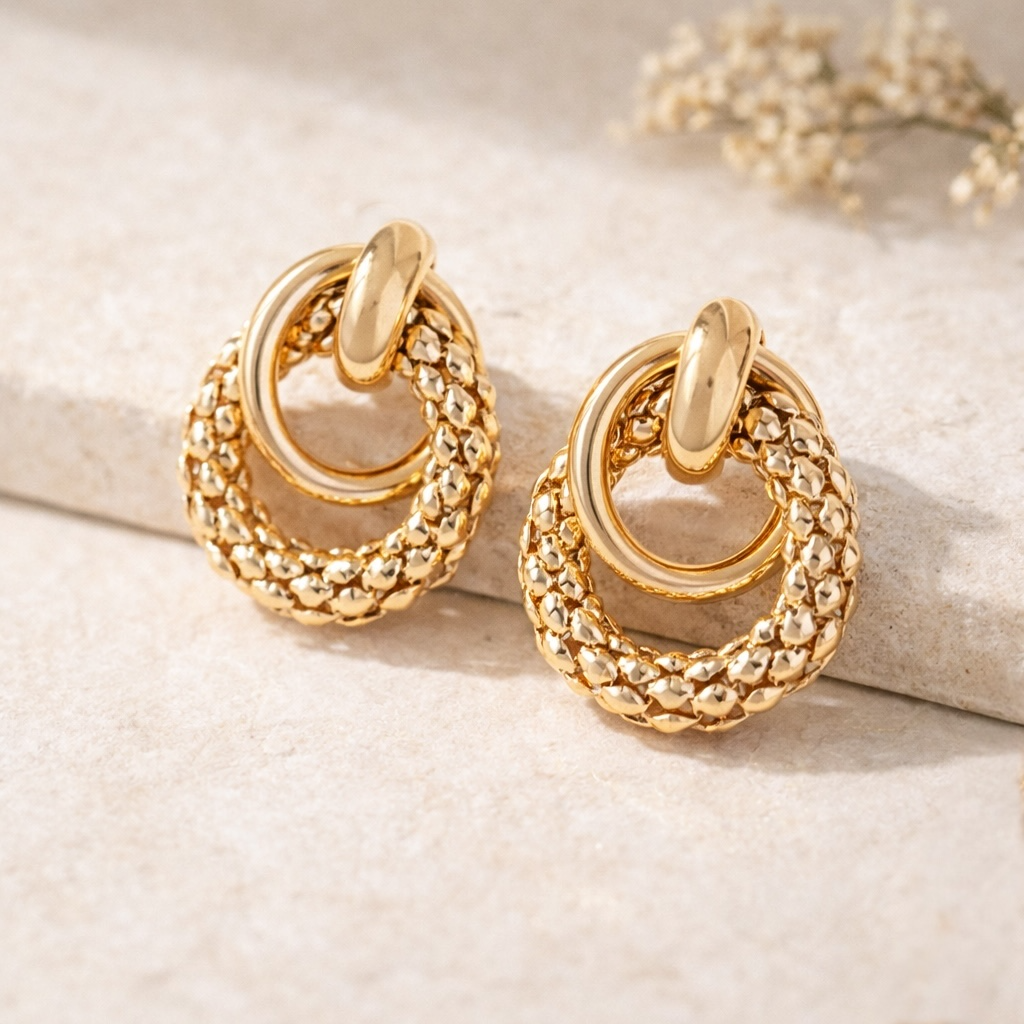 Boucles d’oreilles anneaux dorés effet chaîne texturés, design moderne chic