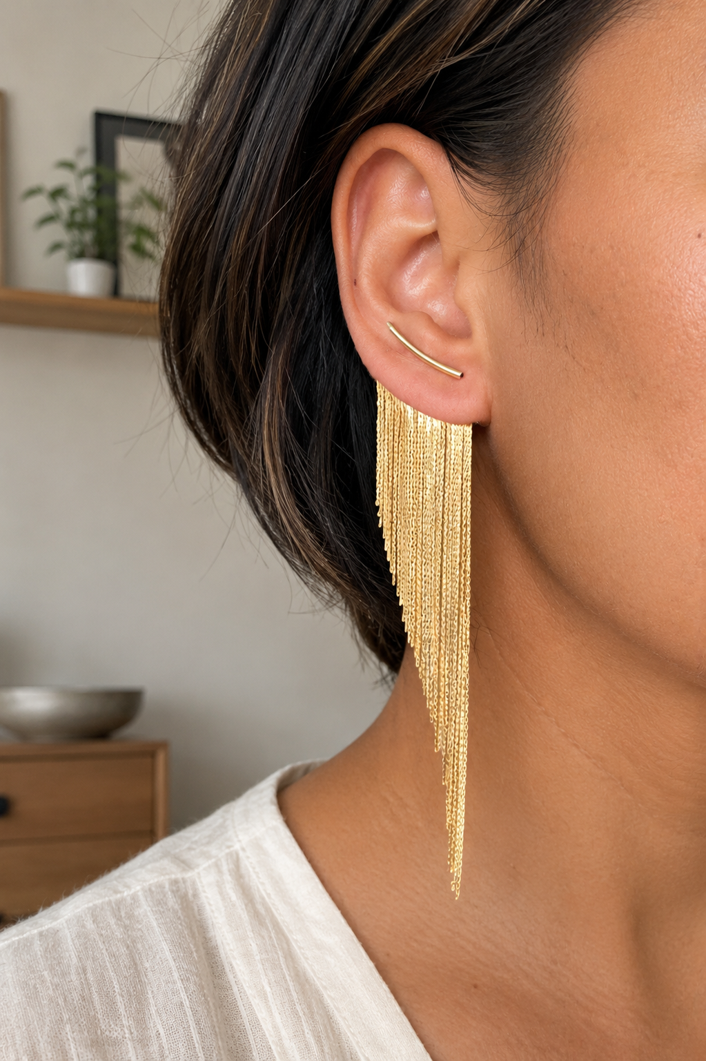 Boucles d’oreilles franges dorées longues en cascade 9 cm