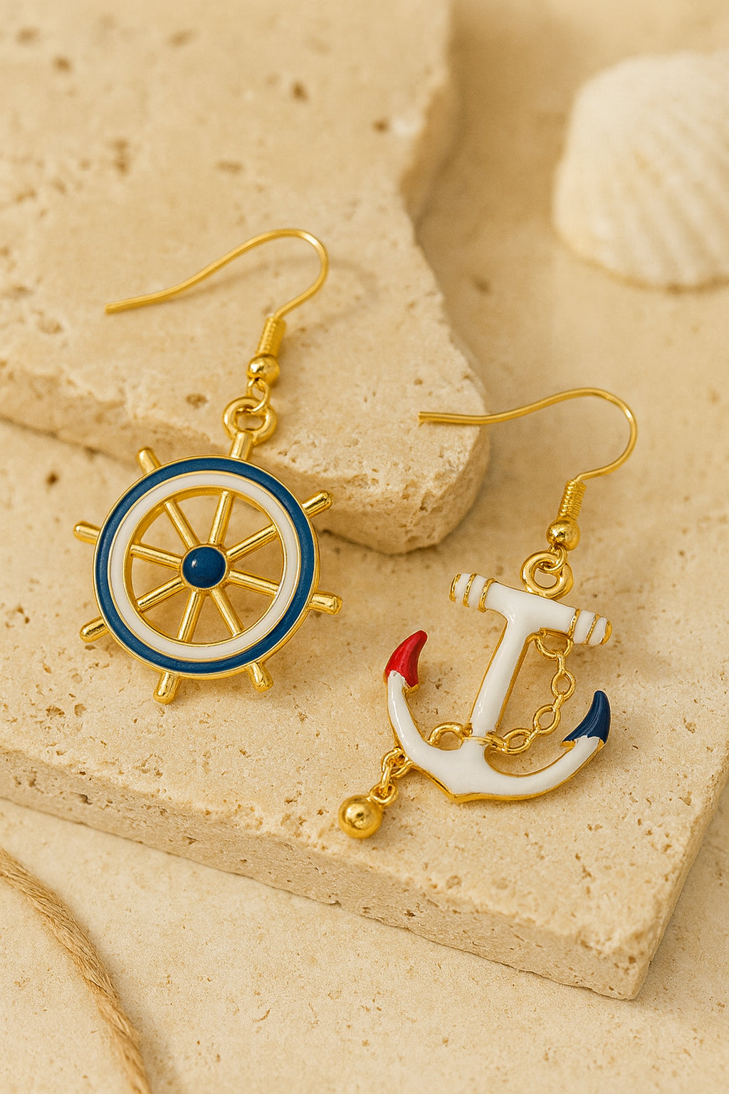Boucles d’oreilles marines dépareillées ancre et gouvernail finition dorée