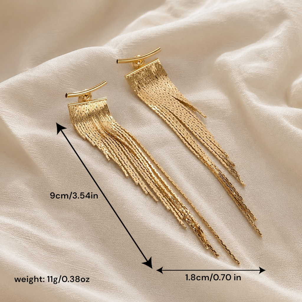 Boucles d’oreilles longues franges dorées – Cascade élégante