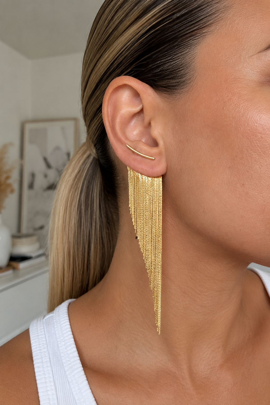 Boucles d’oreilles longues franges dorées – Cascade élégante