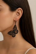 Boucles d'oreilles papillon noir ajouré grandes ailes pendantes 6 cm