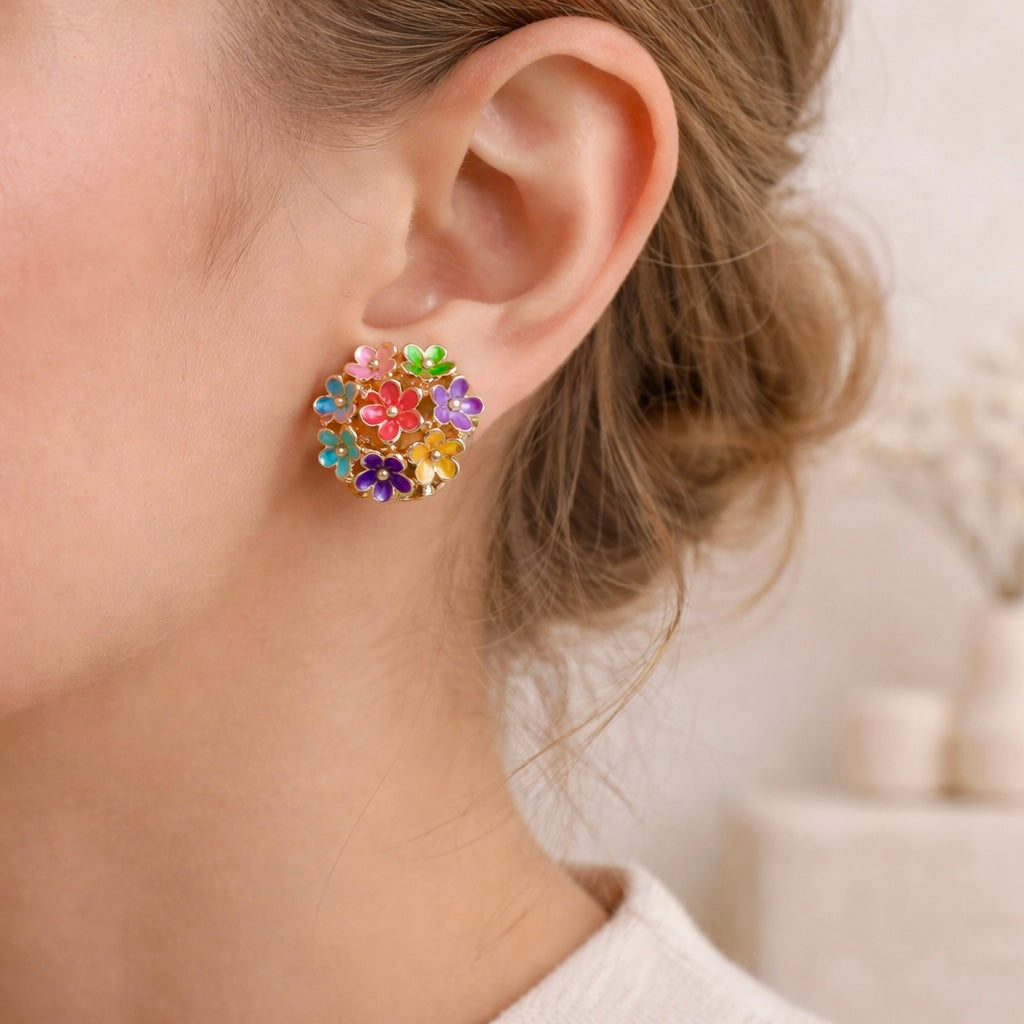 Détail des fleurs émaillées multicolores sur base dorée, motif bouquet