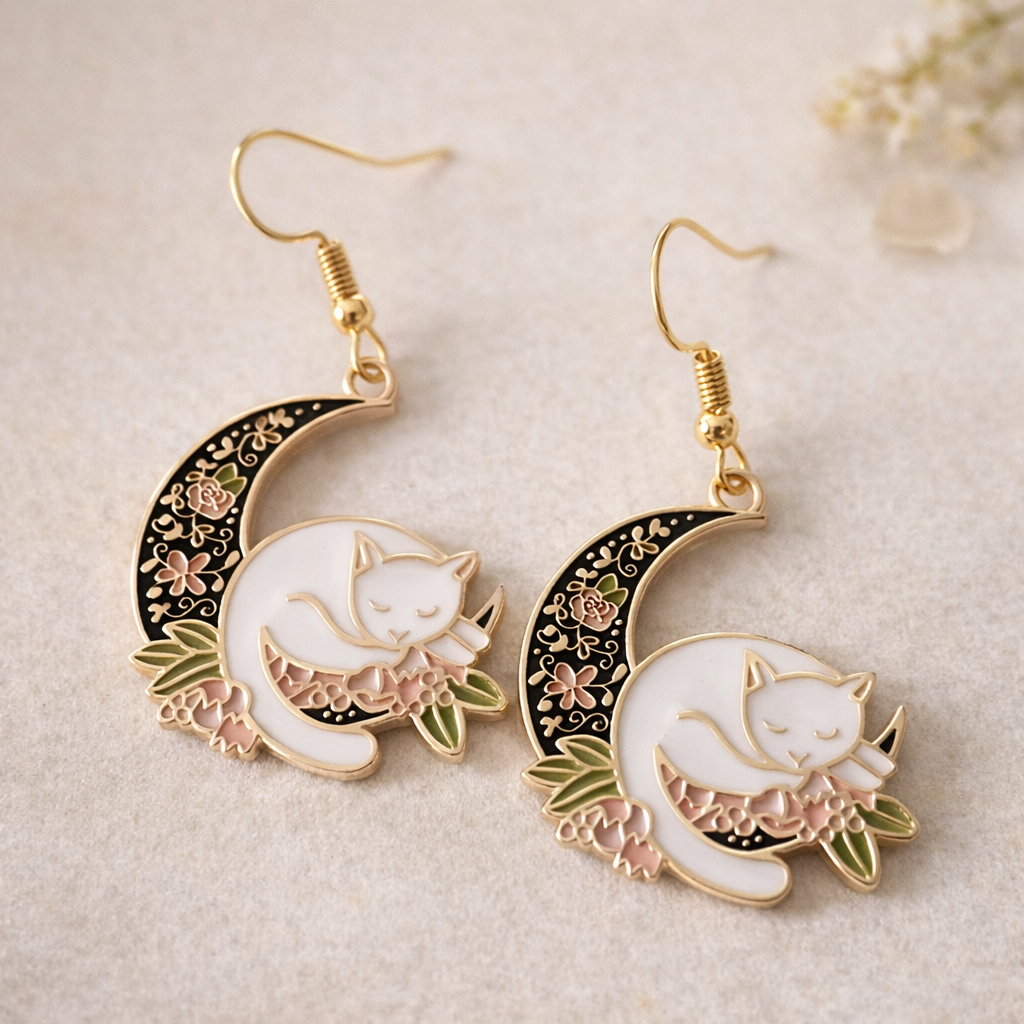 Détail des boucles pendantes chat endormi sur croissant de lune fleuri émaillé
