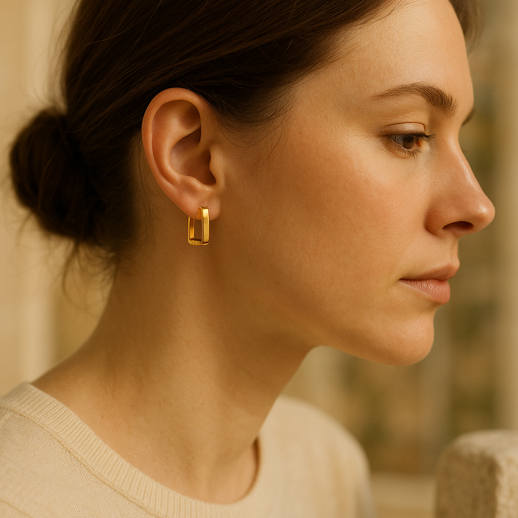 Boucles d'oreilles carrées dorées femme mini créoles géométriques portées