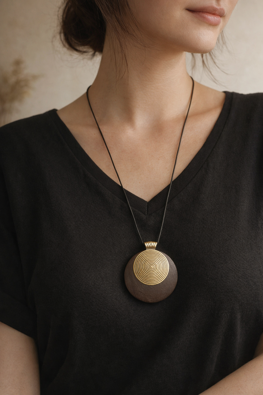 Collier long pendentif bois spirale dorée femme sur cordon noir