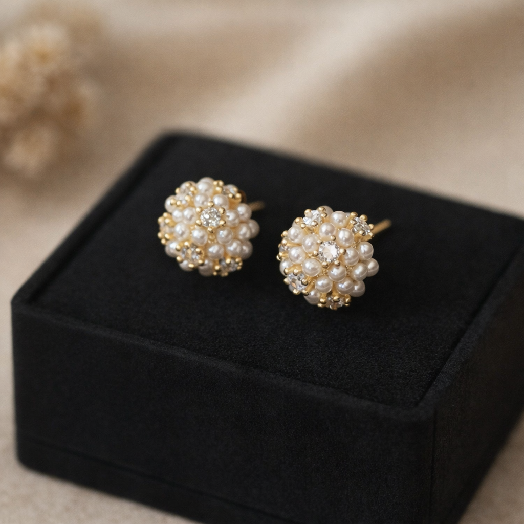 Détail des puces florales en perles blanches et finition dorée avec zircon central