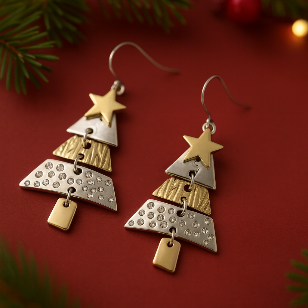 Détail boucles pendantes sapin articulé finition dorée argentée et strass